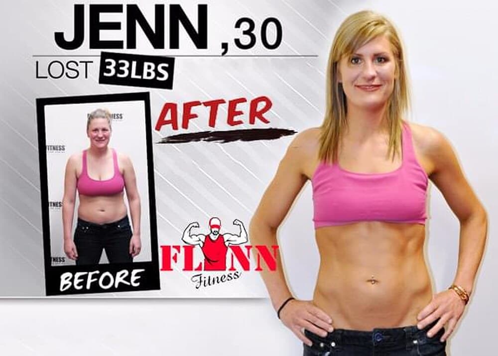 Jenn, 30, before and after photos at Flynn Fitness showing a 33 pound weight loss