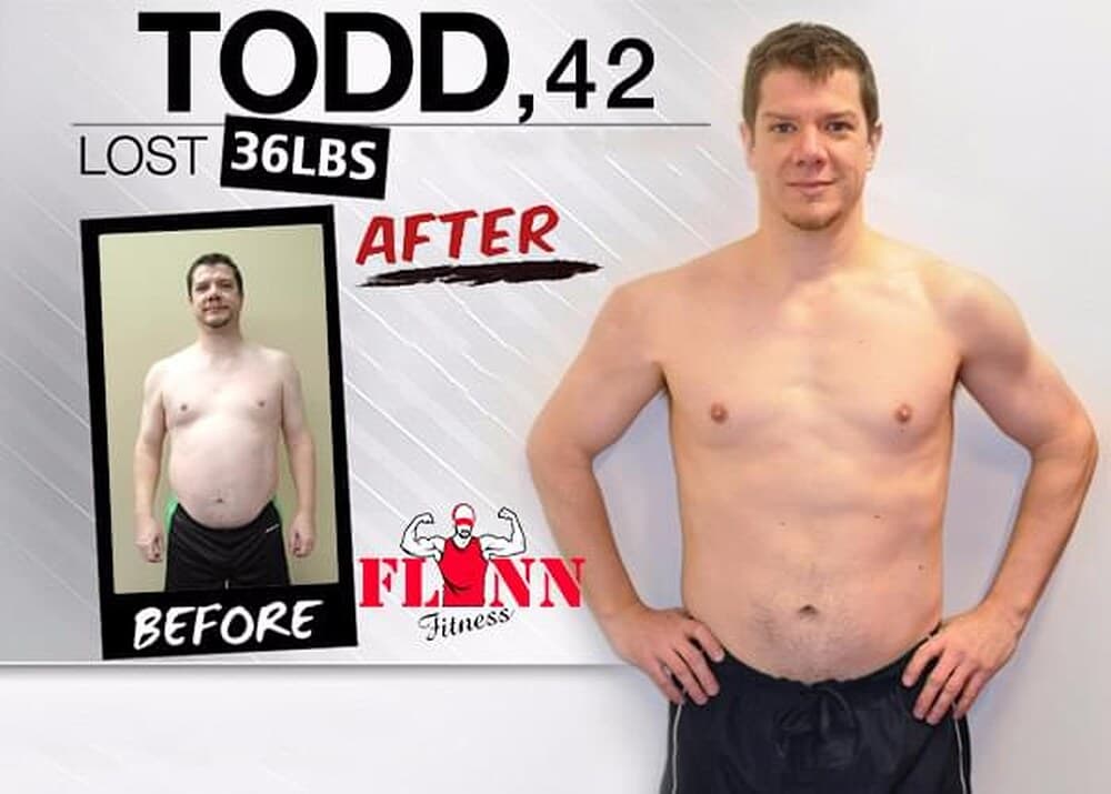 Todd, 42, before and after photos at Flynn Fitness showing a 36 pound weight loss